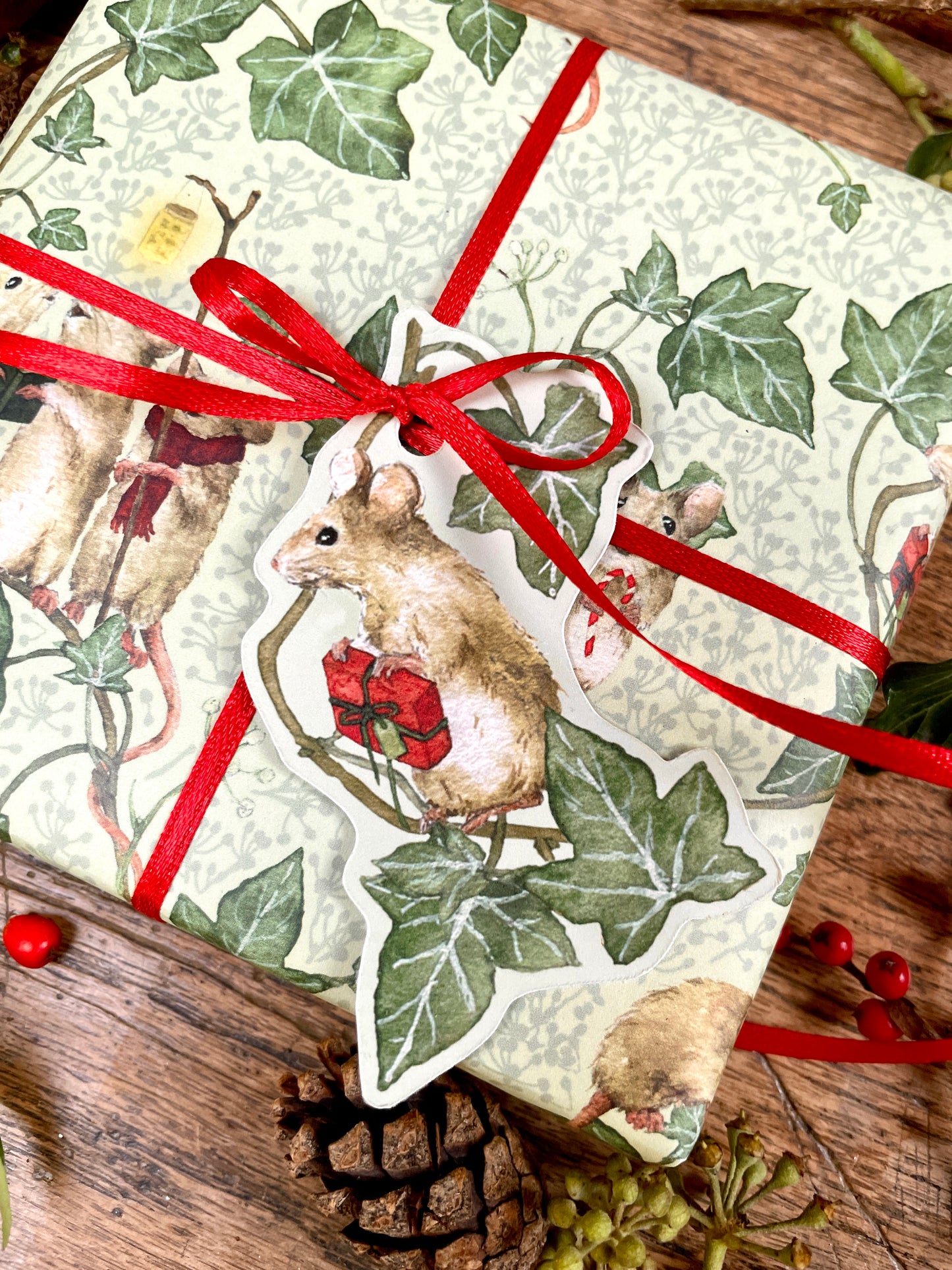 Christmas Mouse Holding Gift Die Cut Whimsical Gift Tags