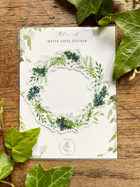 Watercolour Juniper Wreath Matt Vinyl Floral Sticker | Nature Illustration Art