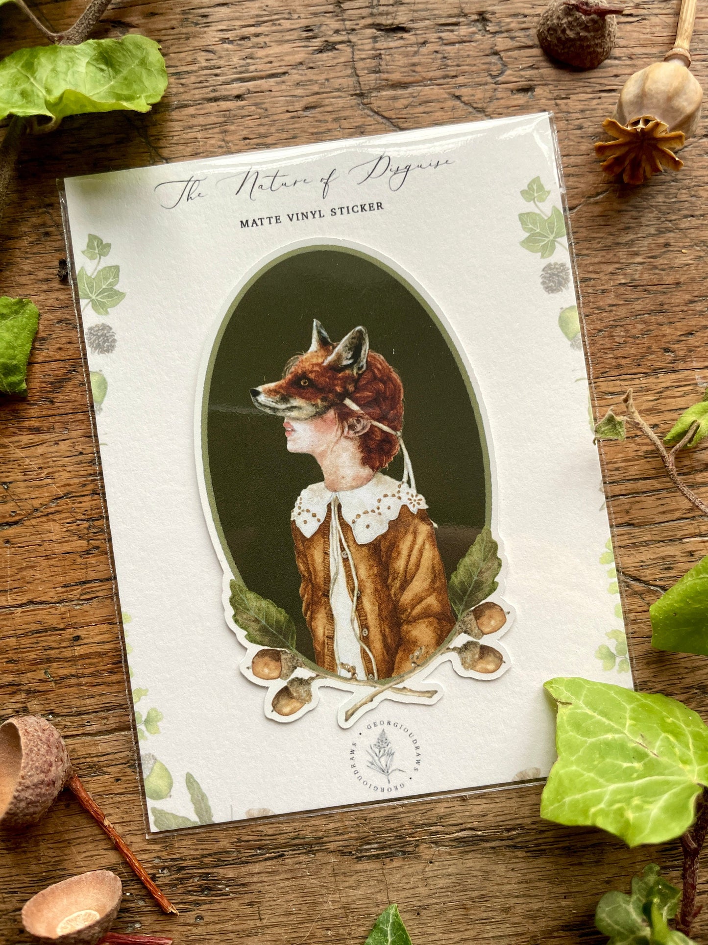 Girl in Fox Mask Oval Matt Vinyl Sticker | Nature Woodland Illustration Art