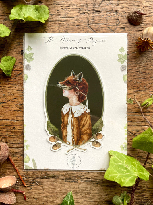 Girl in Fox Mask Oval Matt Vinyl Sticker | Nature Woodland Illustration Art