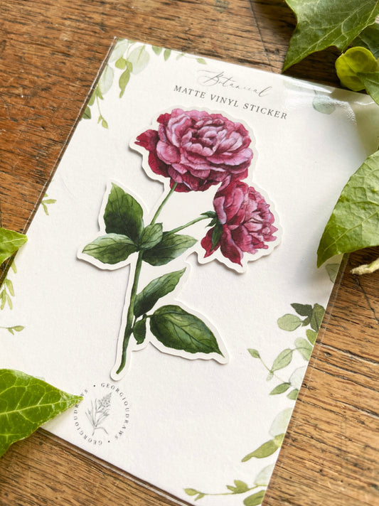 Dark Pink Peony Matt Vinyl Floral Sticker | Nature Illustration Art