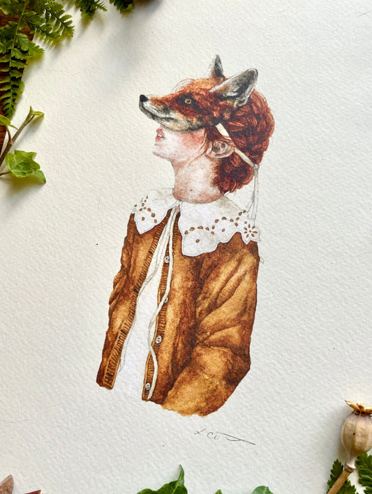 Girl in Fox Mask A4 Watercolour Art Print | Curious Woodland Art
