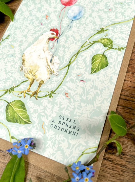 Still a Spring Chicken! Whimsical Chicken Greetings Card