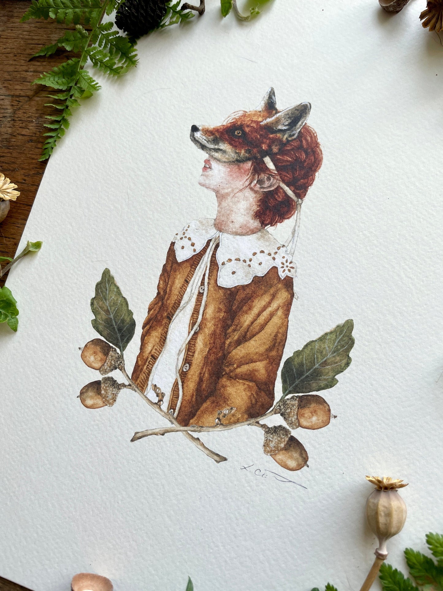Girl in Fox Mask With Acorns A4 Watercolour Art Print | Curious Woodland Art