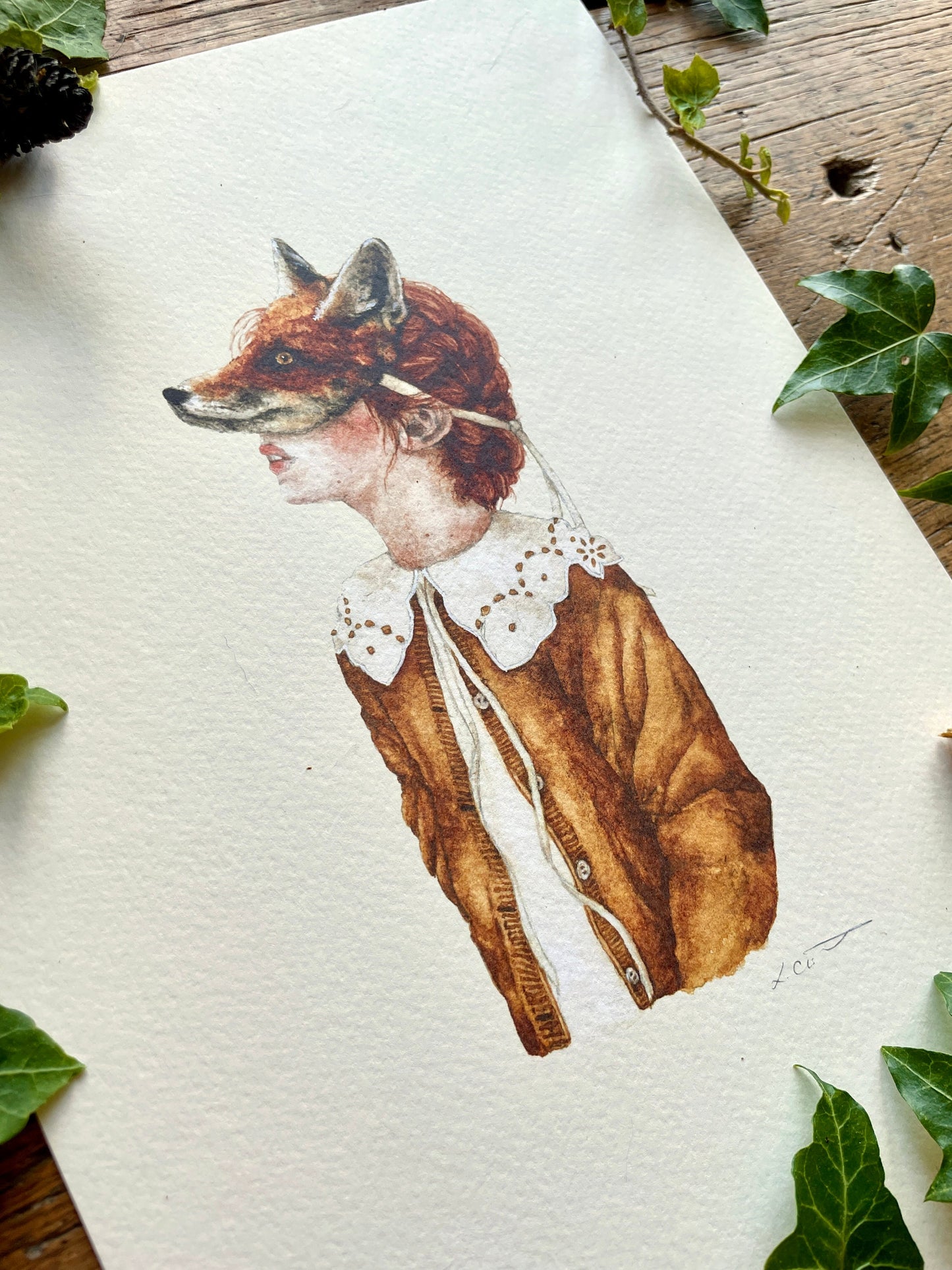 Girl in Fox Mask A4 Watercolour Art Print | Curious Woodland Art