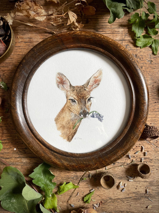 Deer holding Bluebell *ORIGINAL* watercolour painting in round wooden frame