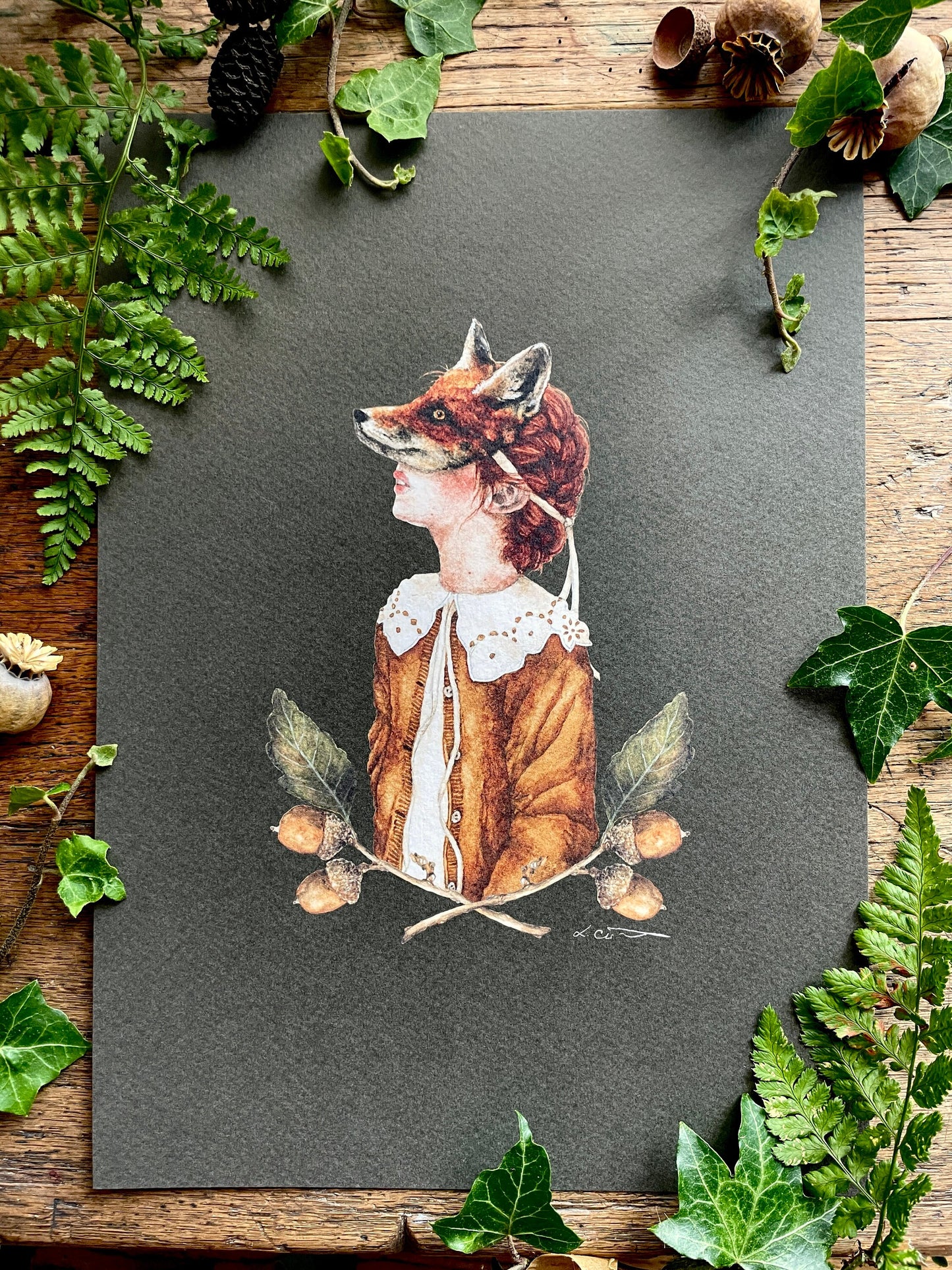 Girl in Fox Mask With Acorns A4 Watercolour Art Print | Curious Woodland Art