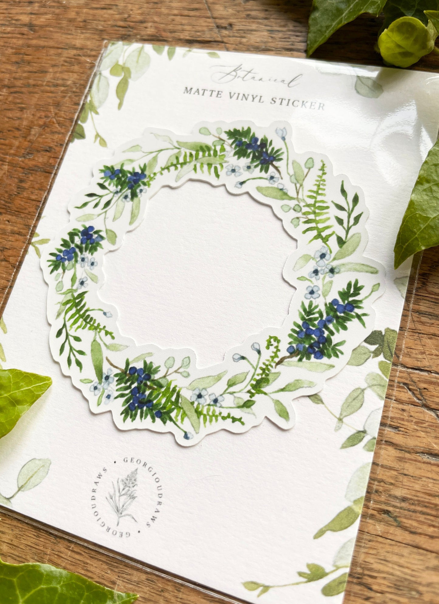 Watercolour Juniper Wreath Matt Vinyl Floral Sticker | Nature Illustration Art