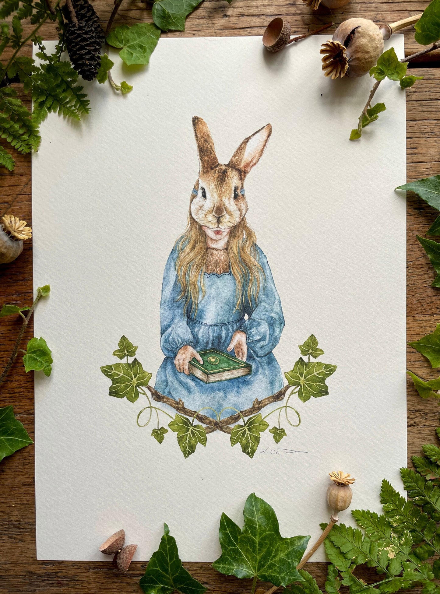Girl in Rabbit Mask With Ivy A4 Watercolour Art Print | Curious Woodland Art