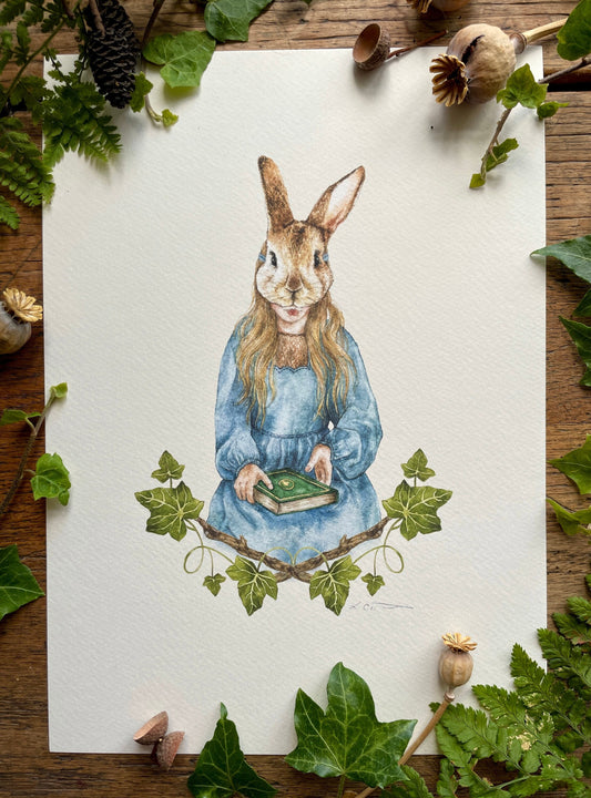 Girl in Rabbit Mask  With Ivy A4 Watercolour Art Print | Curious Woodland Art