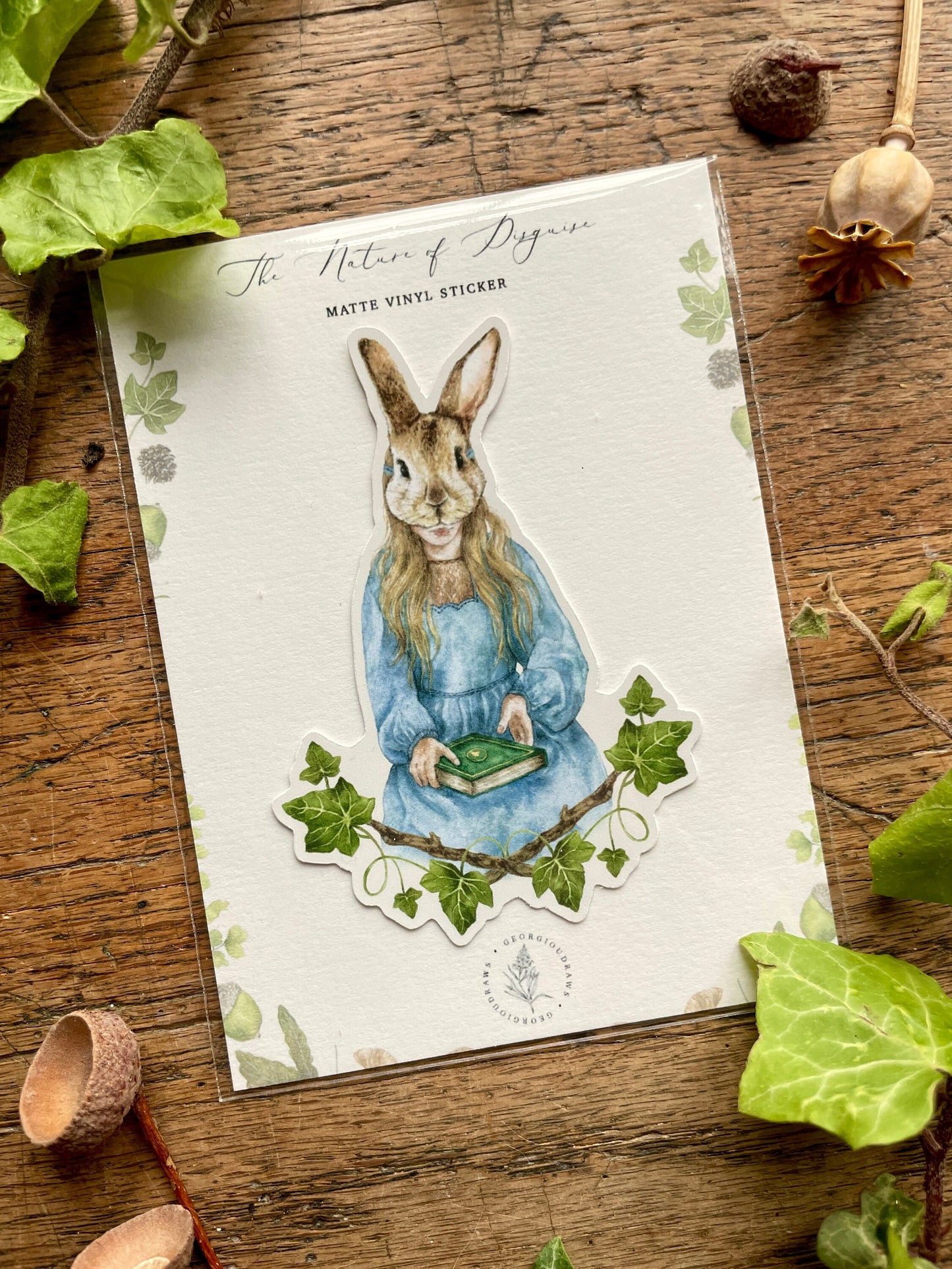 Girl in Rabbit Mask Matt Vinyl Sticker | Nature Woodland Illustration Art