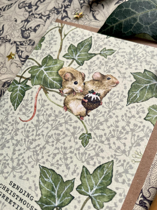 Festive Pudding Mice Whimsical Watercolour Greetings Card