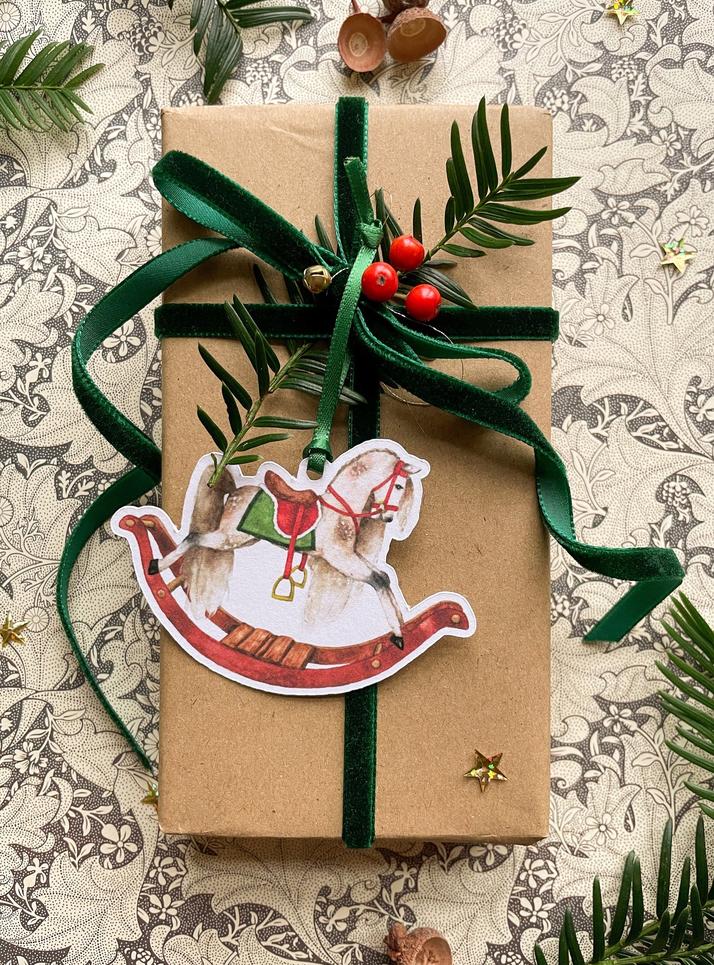 Festive Rocking Horse Watercolour Cut Out Christmas Tag set