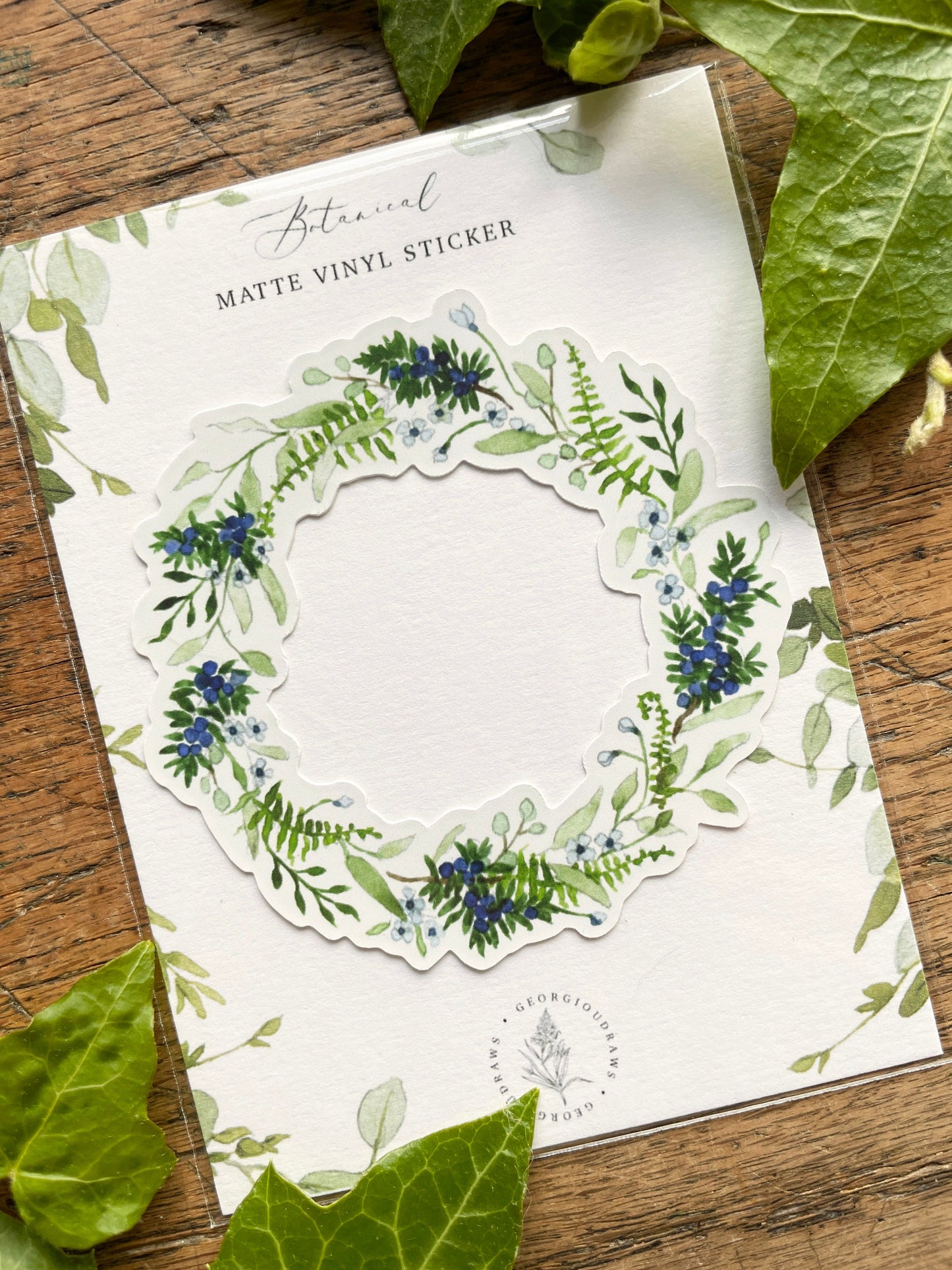 Watercolour Juniper Wreath Matt Vinyl Floral Sticker | Nature Illustration Art