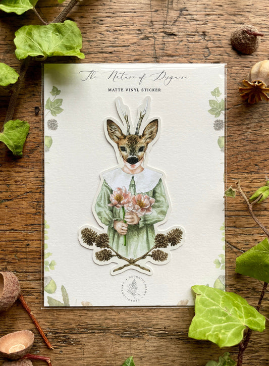 Girl in Deer Mask Matt Vinyl Sticker | Nature Woodland Illustration Art