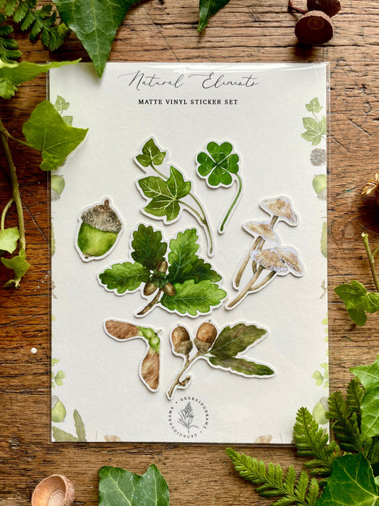 Woodland Nature Elements Matt Vinyl Sticker Set | Watercolour Nature Illustration