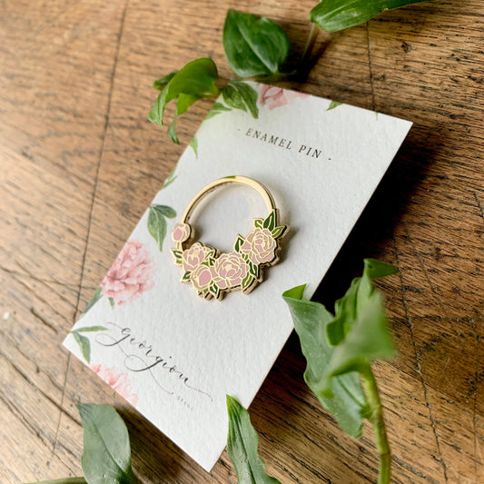 Peony Wreath Floral Enamel Pin Badge