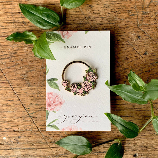 Peony Wreath Floral Enamel Pin Badge