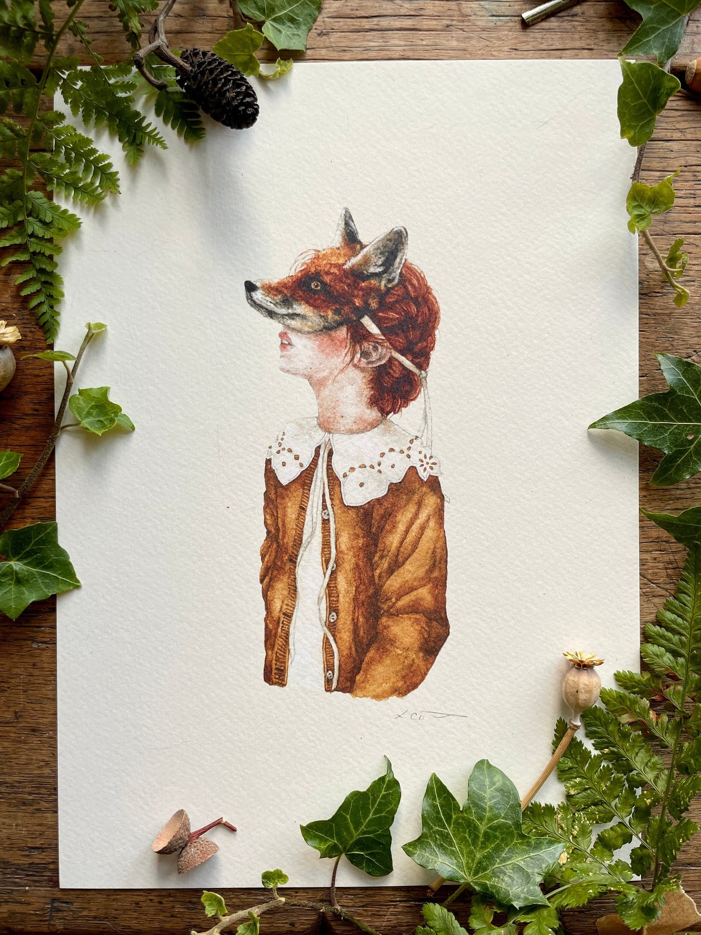 Girl in Fox Mask A4 Watercolour Art Print | Curious Woodland Art