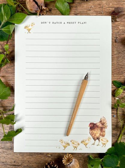 Don't Hatch a Messy Plan! Chickens Watercolour Notepad | whimsical cottagecore Stationery