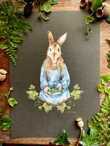 Girl in Rabbit Mask  With Ivy A4 Watercolour Art Print | Curious Woodland Art