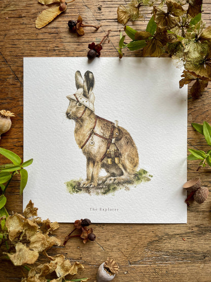 The Explorer Whimsical Animal Square Watercolour Art Print