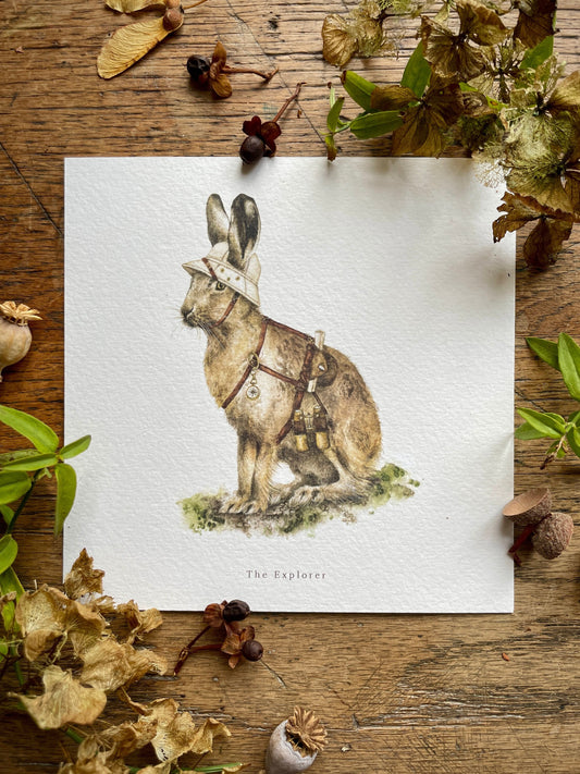 The Explorer Whimsical Animal Square Watercolour Art Print