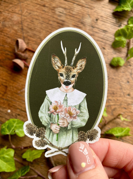 Girl in Deer Mask Oval Matt Vinyl Sticker | Nature Woodland Illustration Art