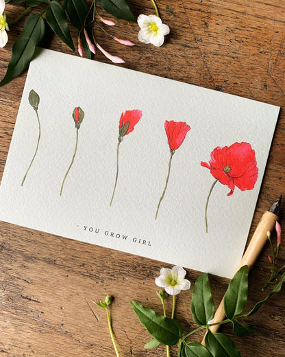 You Grow Girl Floral Poppy Watercolour Greetings Card