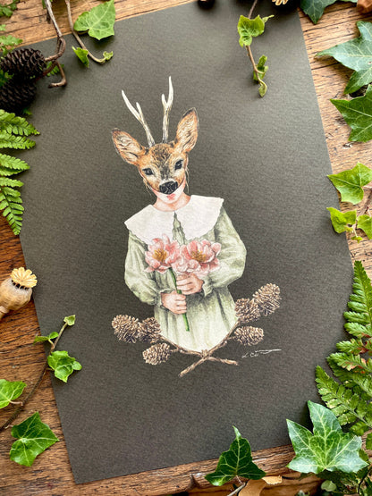 Girl in Deer Mask With Pine Cones A4 Watercolour Art Print | Curious Woodland Art