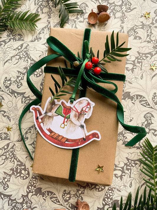 Festive Rocking Horse Watercolour Cut Out Christmas Tag set