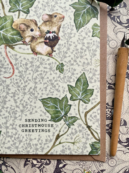 Festive Pudding Mice Whimsical Watercolour Greetings Card