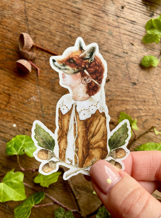 Girl in Fox Mask Matt Vinyl Sticker | Nature Woodland Illustration Art