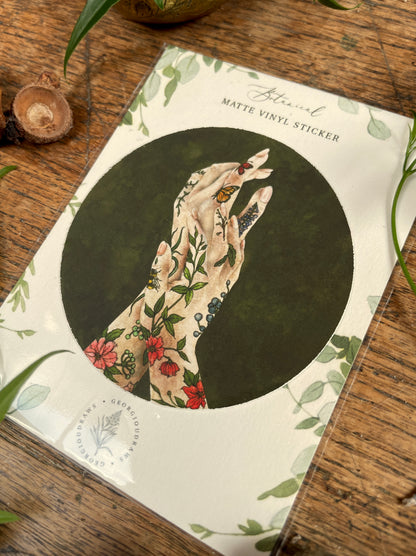 'The Botanist' botanical tattooed hands Matt Vinyl Sticker | Floral tattoo Art