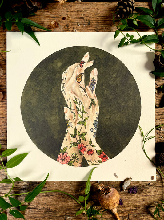 The Botanist botanical tattooed hands Art Print
