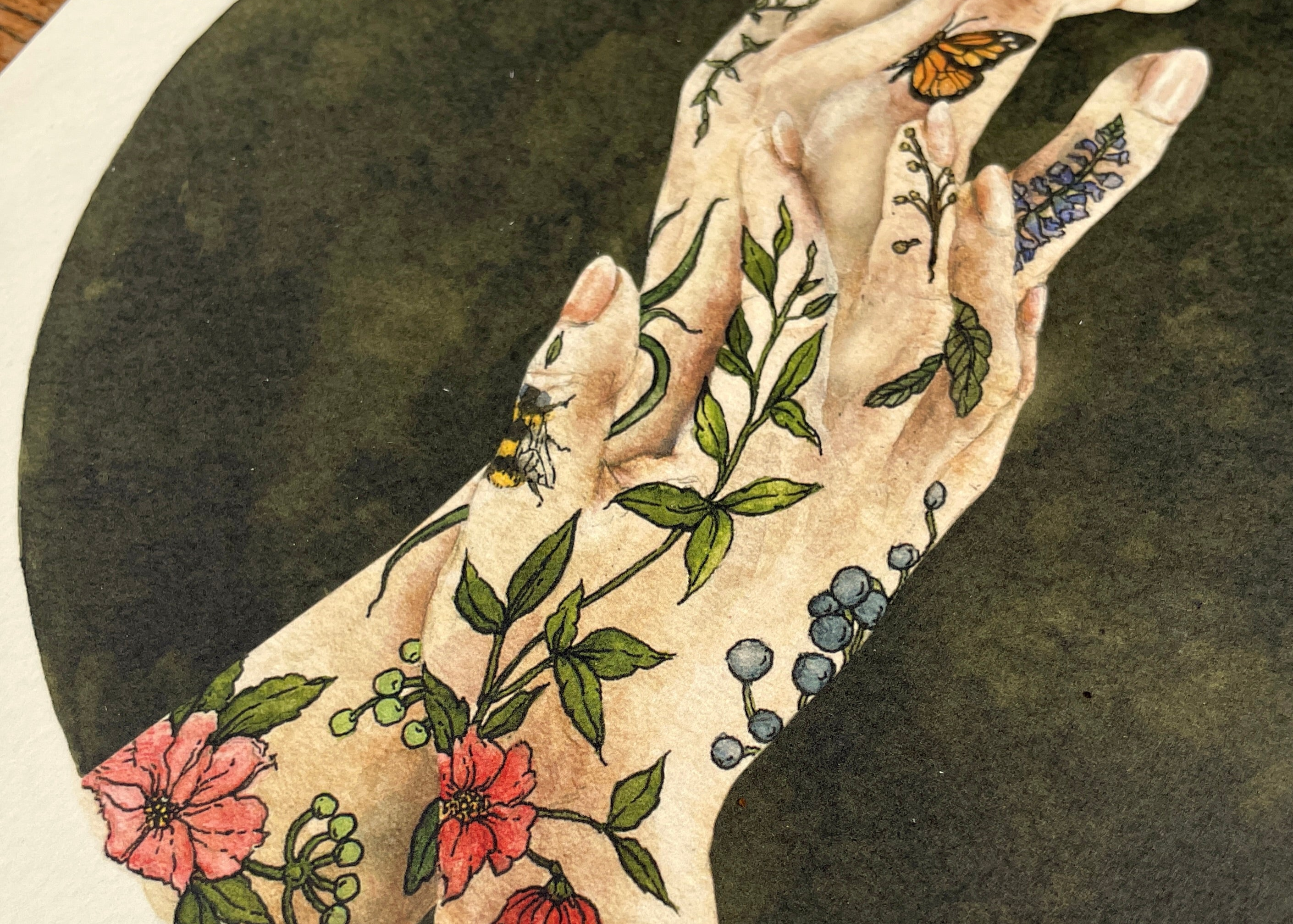Illustration of hands with floral and insect tattoos on a dark background