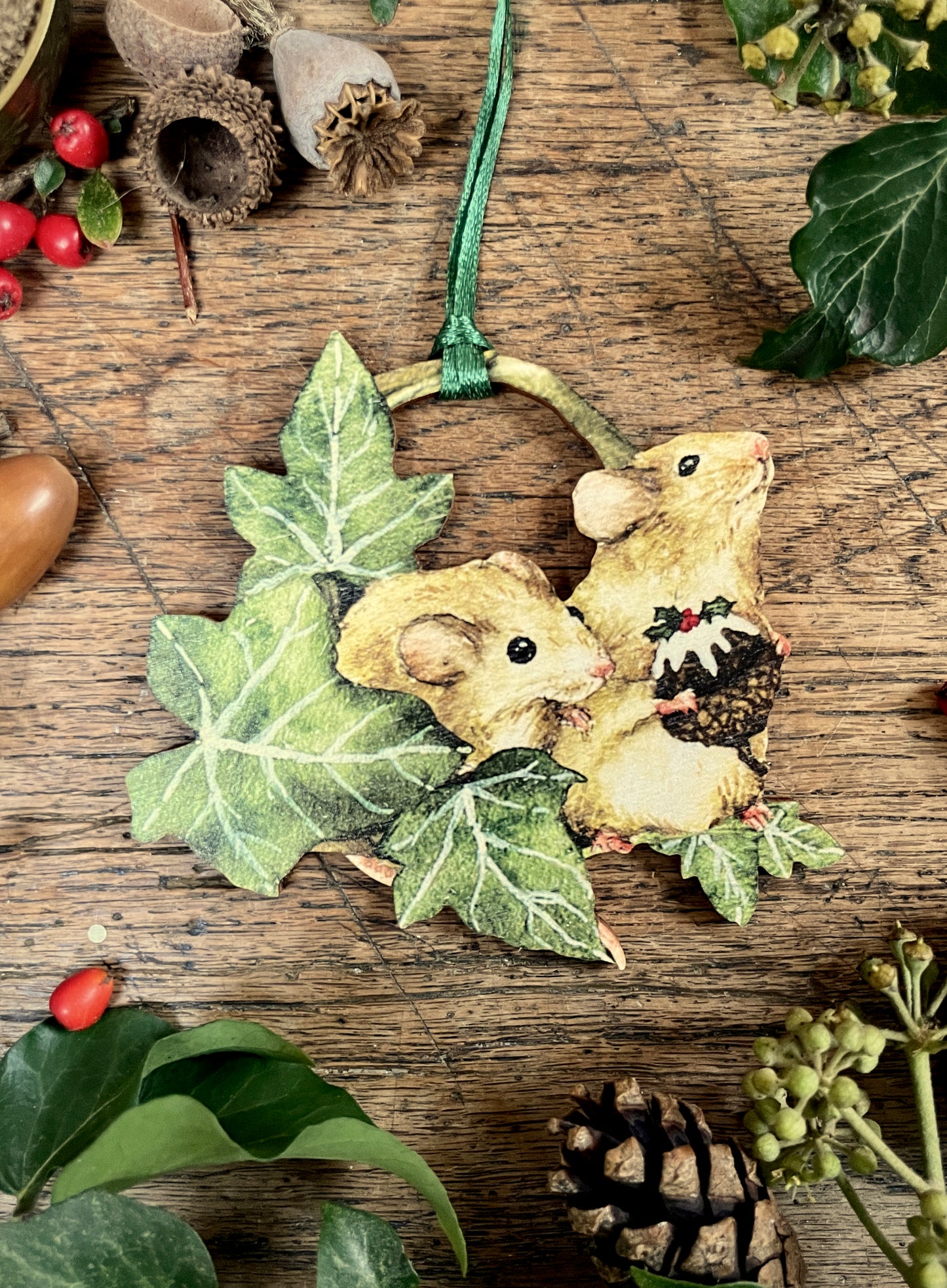 Christmas Mice Holding Christmas Pudding | Whimsical Wooden Tree Decoration