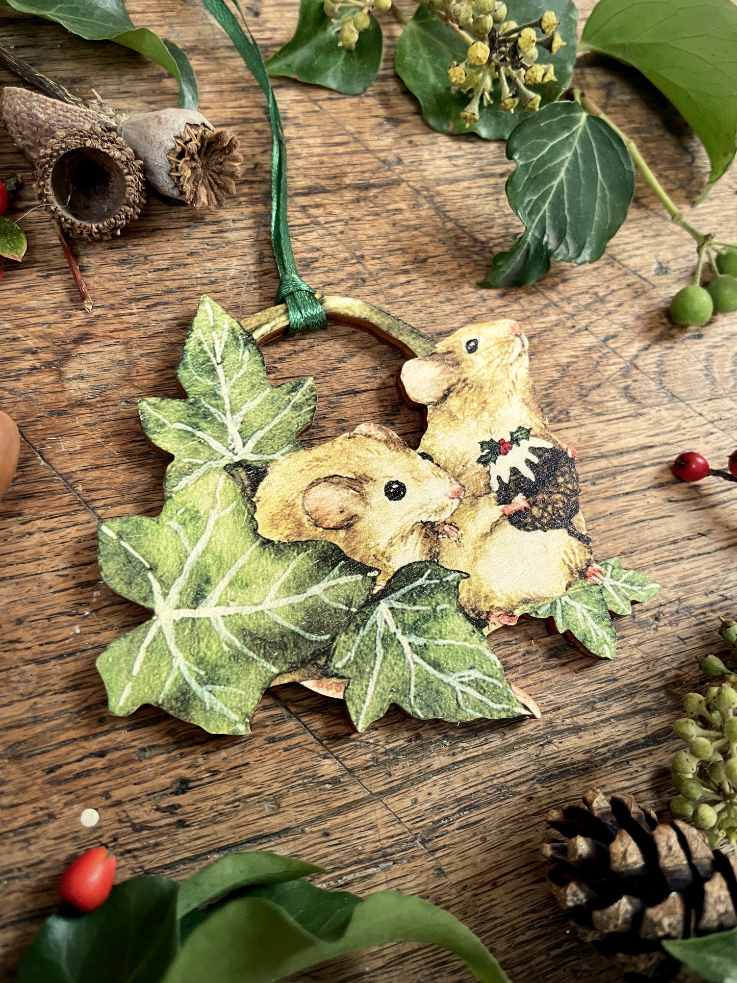 Christmas Mice Holding Christmas Pudding | Whimsical Wooden Tree Decoration