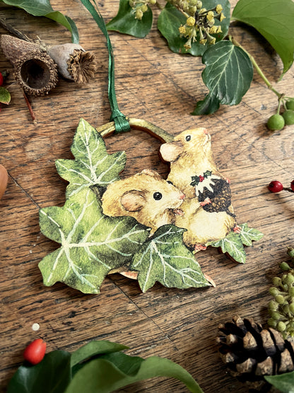 Christmas Mice Holding Christmas Pudding | Whimsical Wooden Tree Decoration