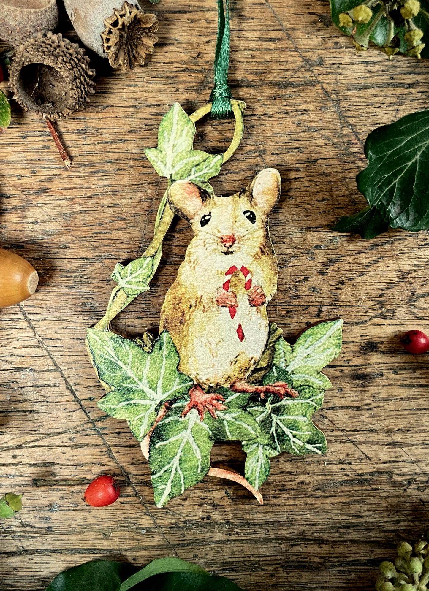 Christmas Mouse Holding Candycane | Whimsical Wooden Tree Decoration