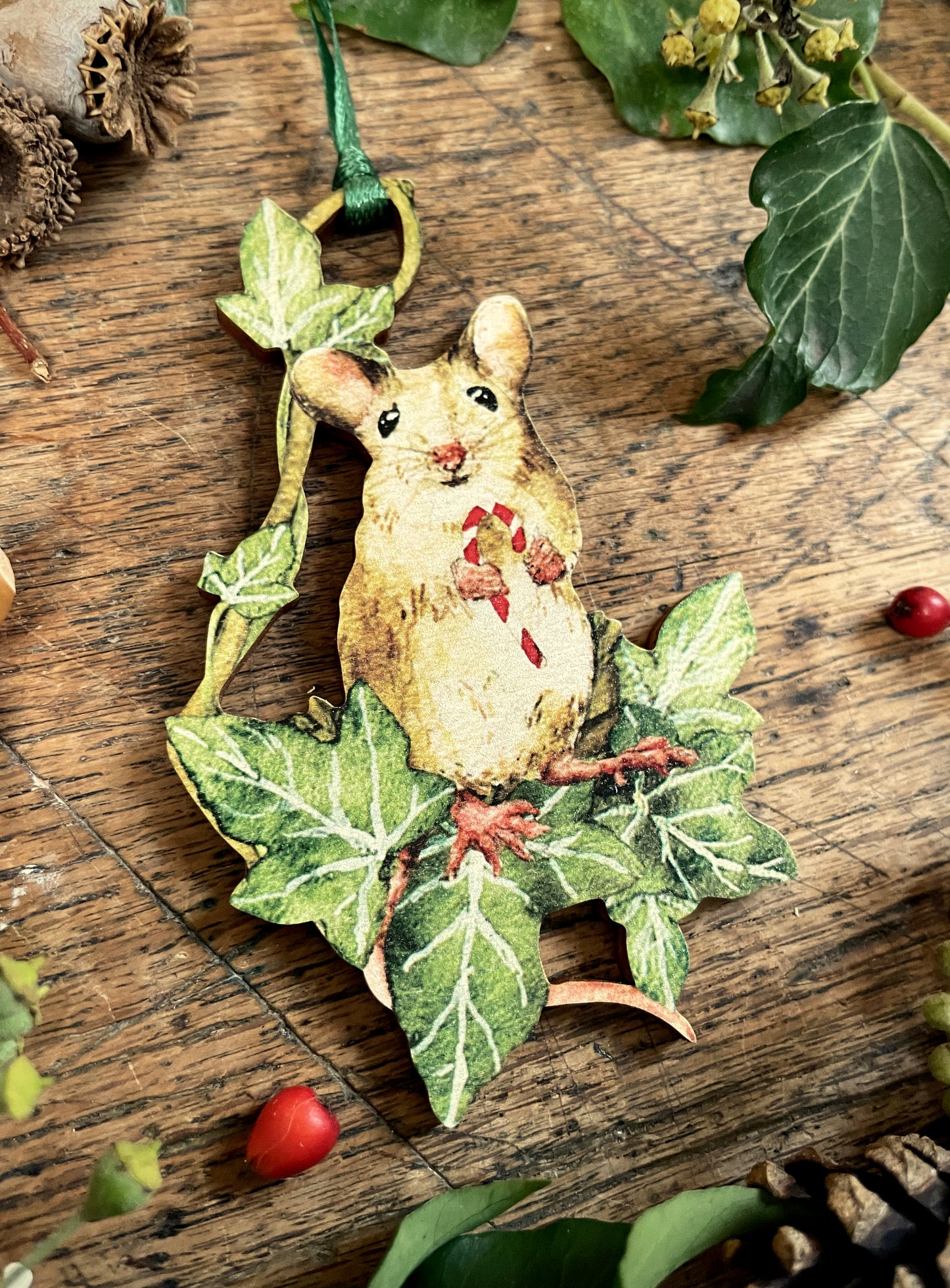 Christmas Mouse Holding Candycane | Whimsical Wooden Tree Decoration
