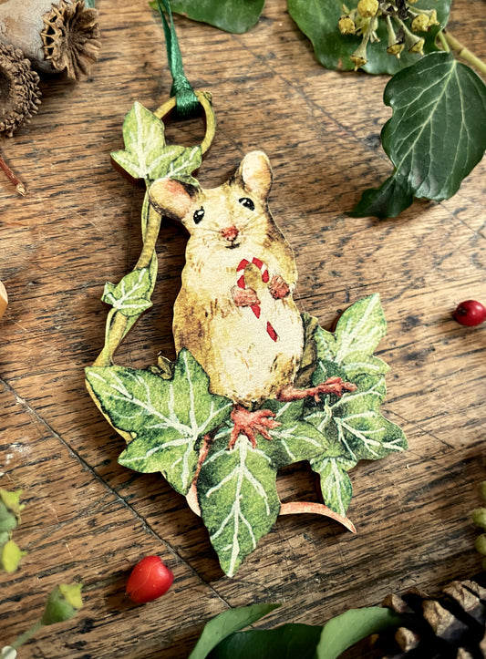Christmas Mouse Holding Candycane | Whimsical Wooden Tree Decoration