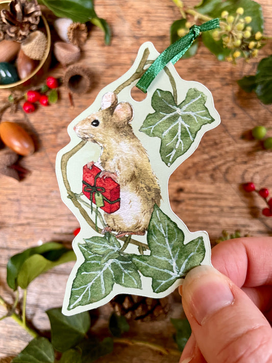 Christmas Mouse Holding Gift Die Cut Whimsical Gift Tags
