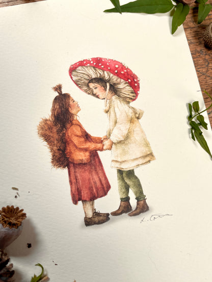 Little Woodland Dreamers | Whimsical children playing dress up watercolour art print