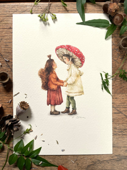 Little Woodland Dreamers | Whimsical children playing dress up watercolour art print