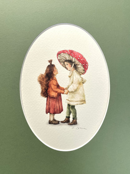 Little Woodland Dreamers | Whimsical children playing dress up watercolour art print