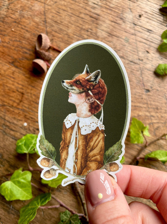 Girl in Fox Mask Oval Matt Vinyl Sticker | Nature Woodland Illustration Art