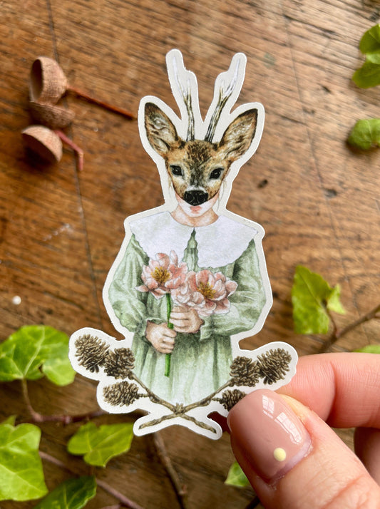Girl in Deer Mask Matt Vinyl Sticker | Nature Woodland Illustration Art