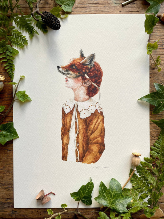 Girl in Fox Mask A4 Watercolour Art Print | Curious Woodland Art